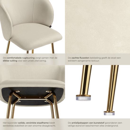 Tectake® - Set van 2 Barkrukken Luana - Gestoffeerde Barkruk met rugleuning - Barstoelen met voetensteun - Eetkamerstoel met fluwelen bekleding - Stevige stalen poten met antislip vloerbescherming - Crème/goud