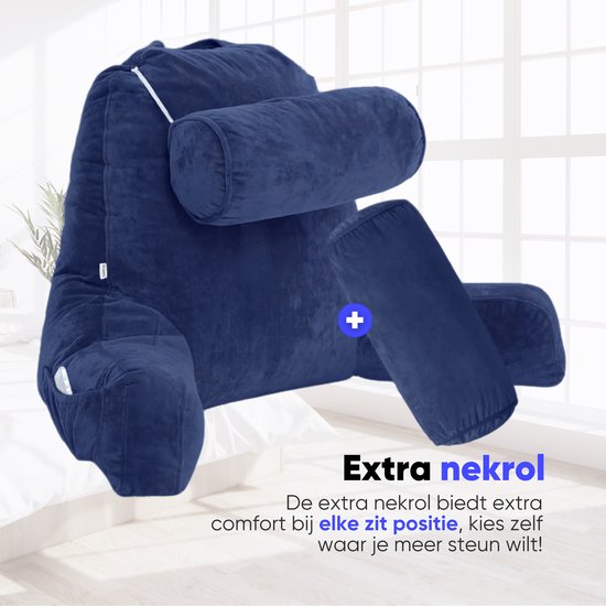 Q-Living XXL Leeskussen met Extra Nekrol - Relax Kussen - Zitkussen - Onderrug Ondersteuning - Leeskussen Voor In Bed - Blauw
