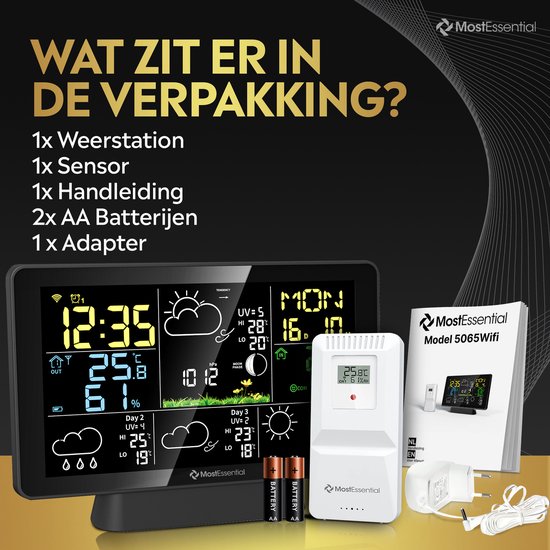 MostEssential Weerstation Wifi Edition - Draadloos Weerstation met Buitensensor - Hygrometer - Binnen en Buiten - 150 Meter Bereik - Inclusief App - Zwart - 1 sensor