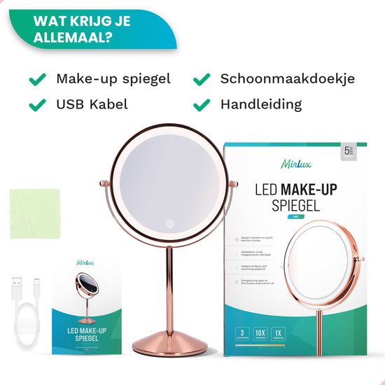 Mirlux Make Up Spiegel met LED Verlichting - 10x Vergroting Licht – Scheerspiegel Klein Op Voet - 3 Lichtstanden - Oplaadbaar - Vergrootspiegel Rosé Goud