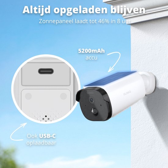 FlinQ Slimme Beveiligingscamera Sentinel - Oplaadbaar via USB & Zonne Energie - Buiten camera met zonnepaneel - Bewakingscamera voor buiten - 2K HD - Nachtzicht