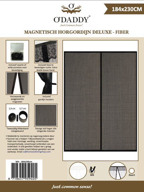 O'DADDY Deurgordijn Deluxe FIBER - Magnetisch Vliegengordijn - Voor Nieuwbouw en Standaard Deuren - Eenvoudige Installatie - Witte Hor - 184x230 cm