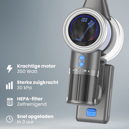 Auronic Steelstofzuiger Draadloos 350W - Draadloze Stofzuiger - HEPA Filter - Zelfstaand - Op Accu - Zonder Zak - Kruimeldief - Vacuum Cleaner - Grijs/Blauw