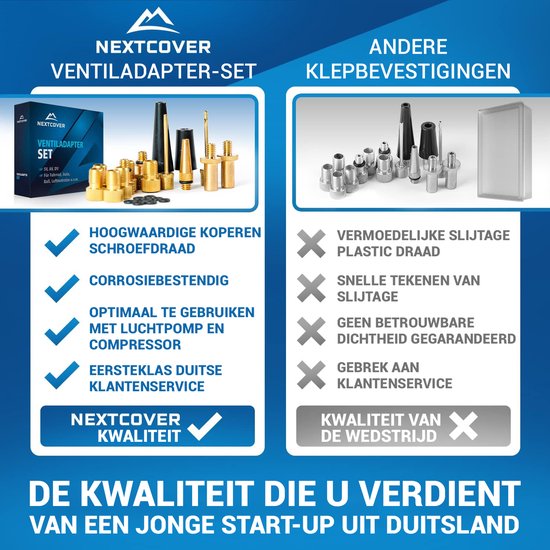 Nextcover® Profi Fietsventiel Adapter Set [15-delig] I Geschikt voor alle Ventielen I Adapter voor Frans ventiel voor Fietspomp & Compressor I Fietsventieladapter I Ventieladapter I Autoventiel I Fiets Ventiel