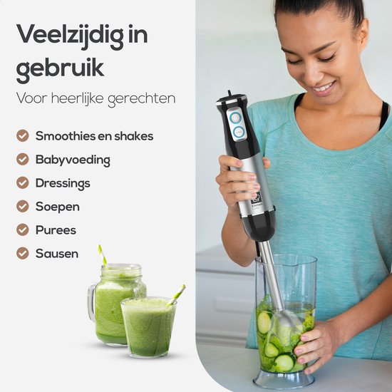 KitchenLove Staafmixer - 800W - 6 Snelheden + Turbo - Zwart/RVS
