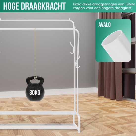 Avalo Industrieel Kledingrek Dubbele Stang - Metaal - 110x33x150 CM - Wit - Opbergruimte Voor Schoenen - Garderoberek Met Haken