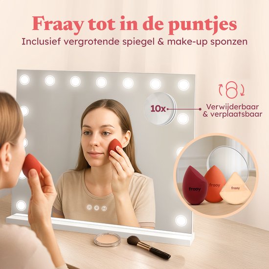 Fraay® Hollywood Spiegel met Verlichting 60x50cm - 3 Lichtstanden - Make Up Spiegel met 10x Vergrootspiegel - LED Dots Verlichting Dimbaar - Incl. 2 Beauty Blenders en Powder puff
