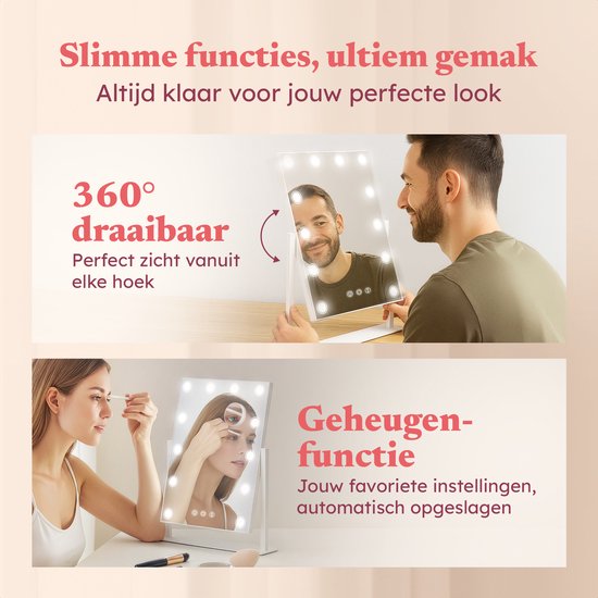 Fraay® Hollywood Spiegel met Verlichting 41x30cm - 3 Lichtstanden - Make Up Spiegel met 10x Vergrootspiegel - LED Spots Verlichting Dimbaar - Incl. Beauty Blenders en Powder puff