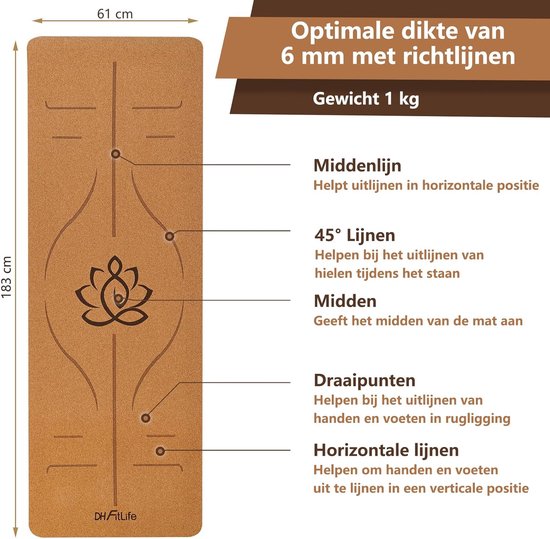 DH FitLife Yogamat van kurk & TPE, mat 183 x 61 x 0,6 cm, fitnessmat, antislip en milieuvriendelijk, sportmat van nature zelfreinigend, yogamat met oriëntatielijnen (grote lotos)