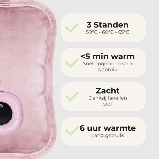 STAUS&BACH Bellune - Elektrische kruik met hoes - Warmwaterkruik met 3 warmtestanden (50°C tot 65°C) - 2 tot 10 uur Warm - Warmtekruik voor baby - Buikverwarmer, nekverwarmer en rugverwarmer - Menstruatie warmteband - Roze