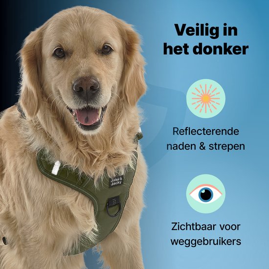 Jake and Jacky Hondentuigje - Anti-Trek Tuig - Hondenharnas - Y Tuig Hond - Reflecterend - Groen - Maat XL