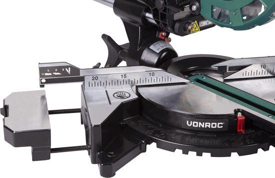 VONROC afkortzaag en verstekzaag – 2000W – Ø216MM - Laser voor perfecte zaaglijn – Extra zaagbreedte 340mm – Incl. zaagblad & werkstukklem