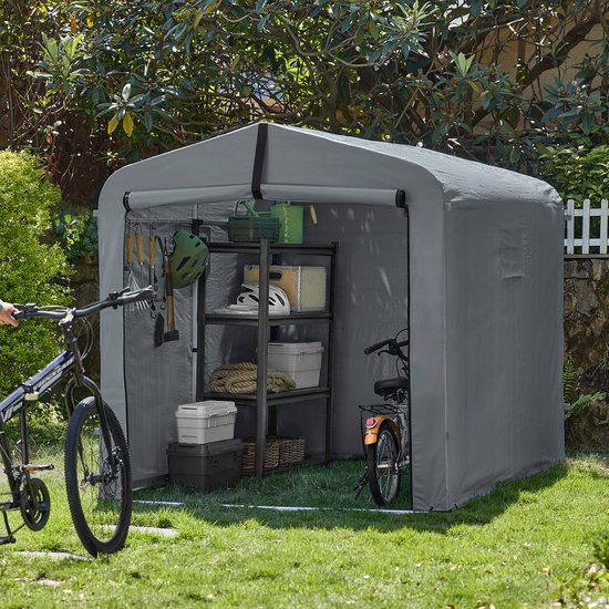 SoBuy KLS11-L-DG Tuinhuis, Waterdichte Buitenberging, Motorfietsoverkapping met Haken, Fiets- en Gereedschapsgarage, Fietsenstalling, Opslagruimte, Grijs, 159x219x165 cm