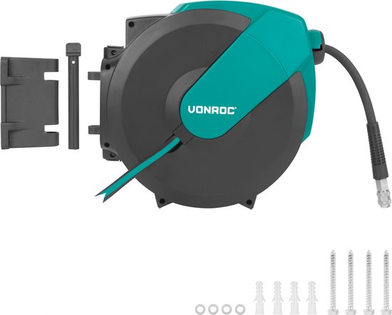 VONROC PRO Automatische Luchtslanghaspel – Luchthaspel – Incl. 15 meter luchtslang, 1 meter aanvoerslang en wandmontageset – 17 bar/250 PSI - Universele EURO/DIN 7.2mm koppeling