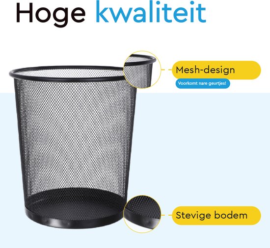 BRASQ 2x Papierbak Rond - Zwart - 12 Liter - Prullenbak - Vuilnisvak - Afvalbak - Papiermand - Metaal - Set van 2