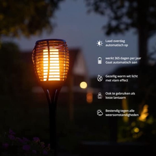 FlinQ Torch - Solar Tuinfakkels - Tuinverlichting op zonne-energie - Solar tuinverlichting - Tuinlantaarns - Padverlichting - 2-pack - Zwart