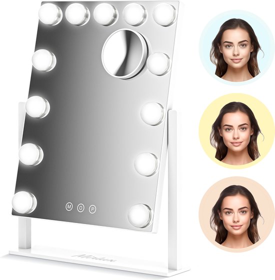 Mirlux Make Up Hollywood Spiegel met Verlichting (44x30cm) - Visagie - Dimbaar LED Lampen Licht - 13 Lampen - Wit