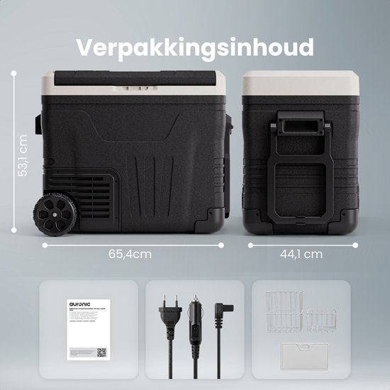 Auronic Elektrische Koelbox - Compressor - 50L - 12V en 240 volt - Camping Koelkast - Frigobox Auto - Met Wielen en Hendel - Zwart