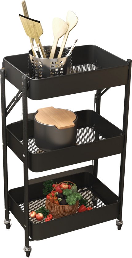 O'DADDY® Keukentrolley Inklapbaar - 3 Lagen - Serveerwagen Op Wieltjes - Keuken Trolley - Roltafel - Opbergtrolley - Opbergkar - Keukenrek - Zwart