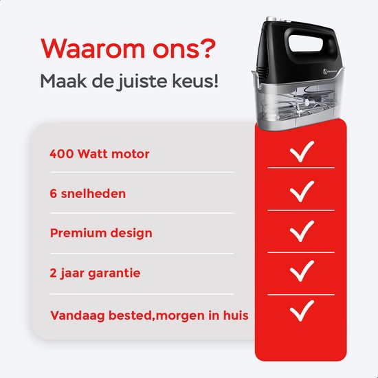 Kitchenwell Handmixer - 6 snelheden en turbofunctie - 400W – Kloppers & Deeghaken & Garde - Incl. opbergdoos