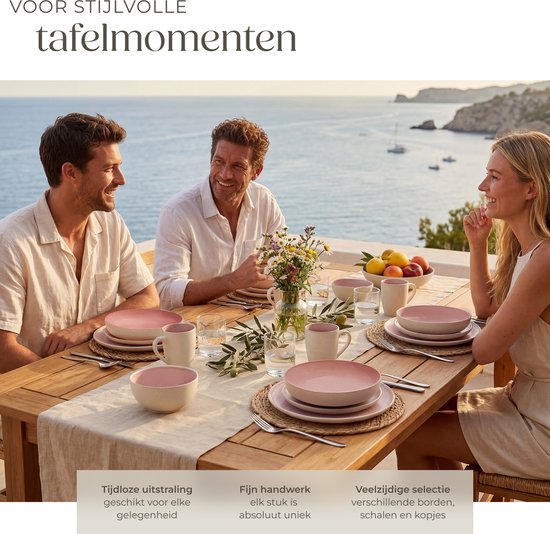tectake® Serviesset Mare - 30-delig - Aardewerk met Glanzend Glazuur - 6 Persoons - Handgemaakt Servies - Moderne Bordenset met Grote en Kleine Borden, Kommen, Schaaltjes en Kopjes - Vaatwasser- en Magnetronbestendig - Roze