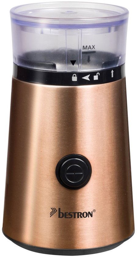 Bestron ACG1000CO Elektrische Koffiemolen – 150W – RVS Messen – 50 g Capaciteit – Koperkleur – Voor Koffiebonen & Kruiden - 5 jaar garantie