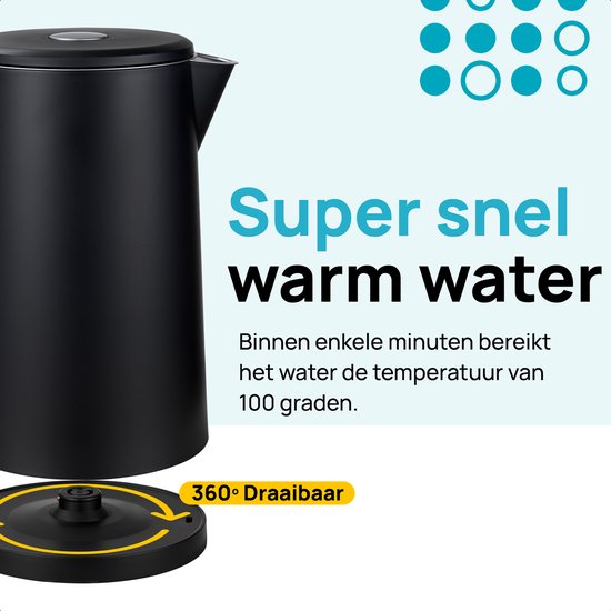 MOA Waterkoker - 1.7L - RVS - BPA vrij - 2200W - 16x16x27 cm - Zwart