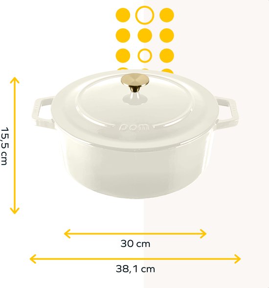 MOA Gietijzeren Braadpan - 7,2L - Voor Alle Warmtebronnen incl. Inductie - Met Deksel - Ø 30cm - Anti-Aanbaklaag - Wit