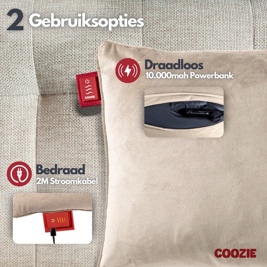Coozie Warmtekussen Beige Velvet - Elektrisch Oplaadbaar - Draadloos Warmte Kussen - 45 x 45 cm