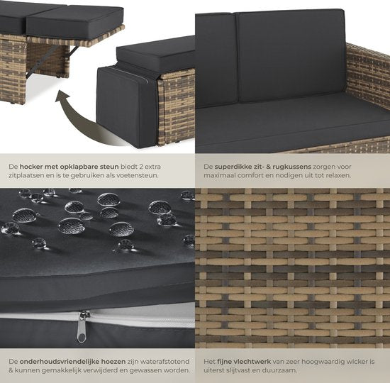 tectake® Wicker loungebank - Met voetenbank - Voor 2 personen - Loungebank met zit- en rugkussens - Weerbestendig - Ideaal voor terras, serren en balkon - Afmeting bank (LxBxH) 119 x 64,5 x 71,5 cm - Natuur