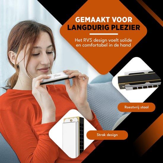 Finesse Mondharmonica - C Majeur - 24 Gaten - met Case - voor Volwassenen & Kinderen - Zilver