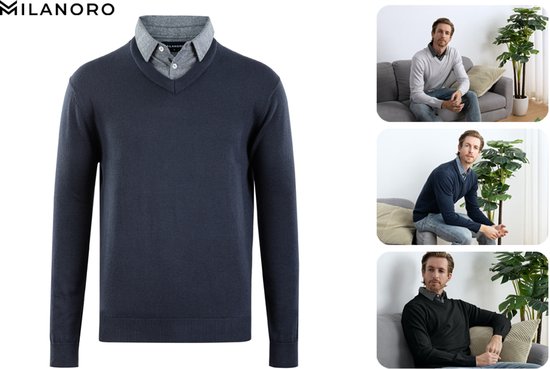 Milanoro - Herenpullover met overhemdkraag - Navy - M