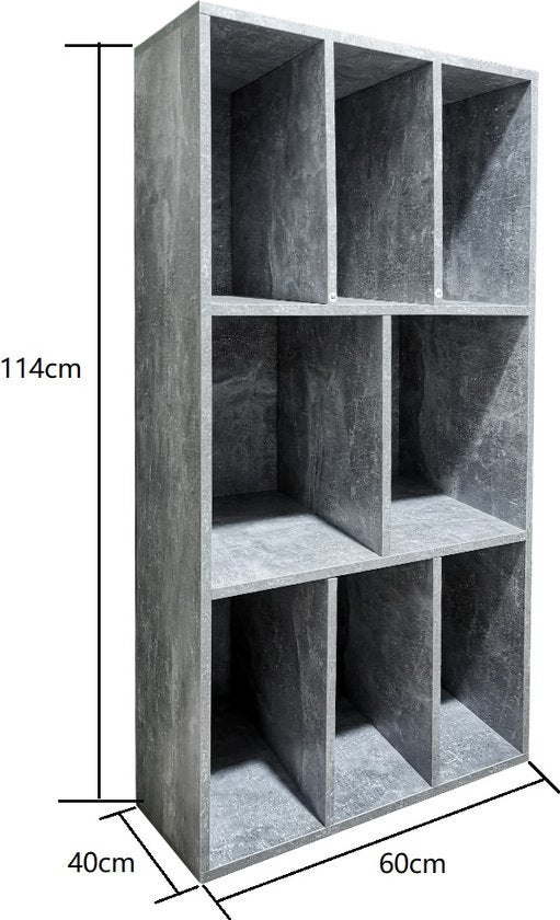 LP vinyl opbergkast - platenkast - opbergen lp vinyl platen - boekenkast - 8 vakken - grijs beton look
