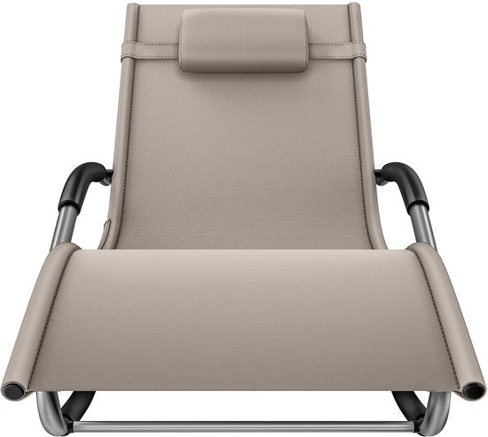 tectake® Ligstoel Taya - Ergonomisch Ligbed voor Tuin, Terras, Balkon - Relaxstoel met Schommelfunctie - Tuinstoel met Comfortabele Armleuningen, Hoofdsteun en Opbergvak - Weerbestendig en Waterafstotend - 120kg Draagkracht - Beige
