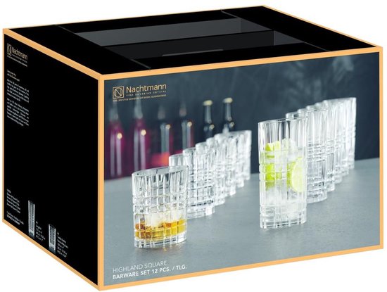 Nachtmann - Square Whiskey- en Longdrinkglazen - Set 12-delig - Whiskey - Longdrink