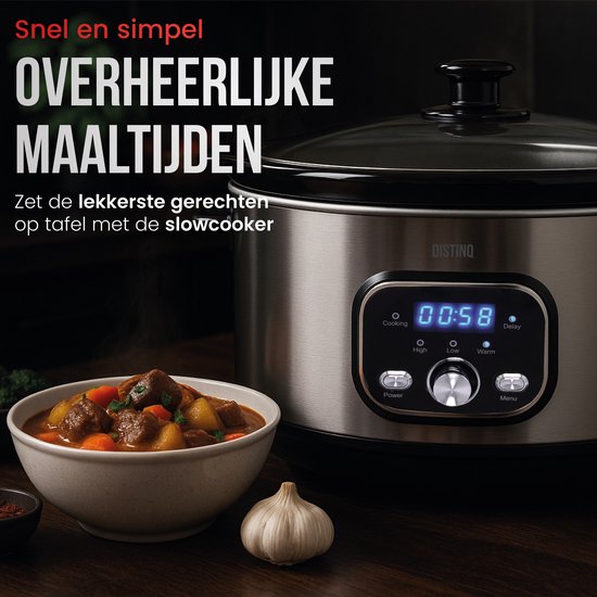 DistinQ Slowcooker - 8 Liter - 320 Watt - Warmhoudfunctie - Keramische Binnenpan - Zilver