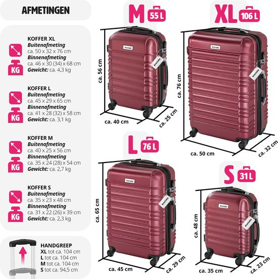 tectake® - 4-delige kofferset met harde schaal - Reiskofferset met wielen - ABS - Telescopisch handvat en slot - Inclusief bagageweger - Trolleymaten S-M-L-XL - Rood