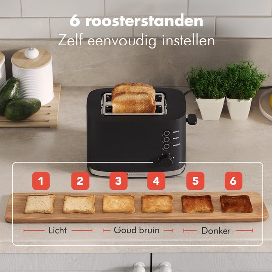 KitchenBrothers Broodrooster - Retro - Toaster - 6 Instelbare Warmteniveaus - 2 Extra Brede Sleuven - BPA-vrij - 870W - Zwart