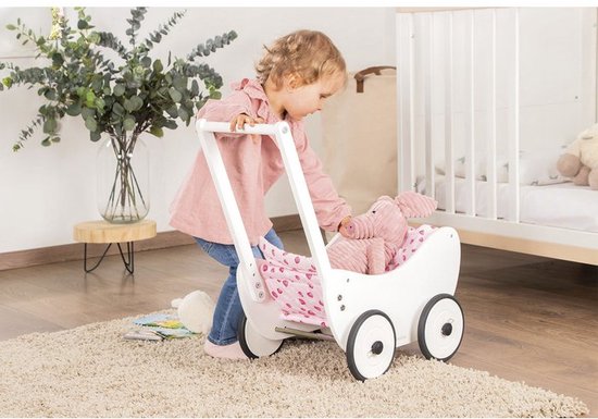 Pinolino Houten Poppenwagen "Trixi" - Schattige en Duurzame Wieg – Massief Beukenhout met Dekbed 'Hartjes' - wit