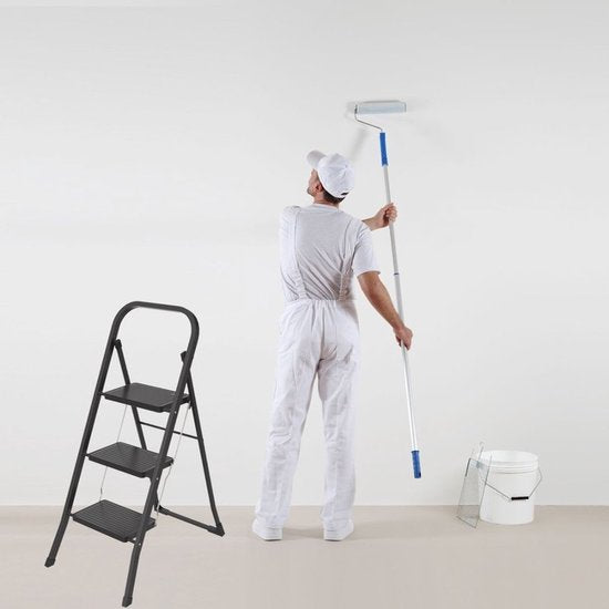 BRASQ Huishoudtrap 3-treden Zwart - keukentrap inklapbaar metaal voor Particulier en professioneel gebruik - Trap Ladder - Anti slip