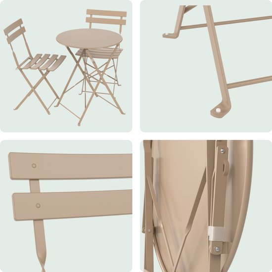 LifeGoods Bistroset - Staal - 3-delig - Tuinset - Inklapbaar - Balkonset met Tafel - Weerbestendig - Taupe