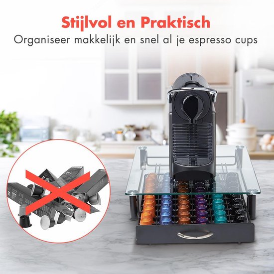 KitchenBrothers Capsulehouder - met Lade - Nespresso - 60 Cups - Glas - RVS/Zwart