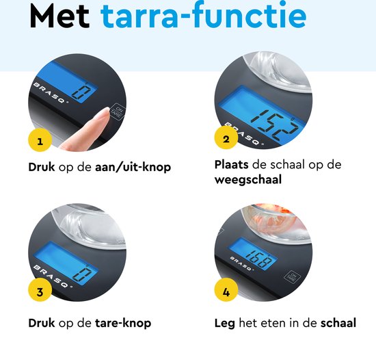 BRASQ Digitale keukenweegschaal Zwart - Inclusief batterijen - Weegschaal Keuken met Tarra-functie - Weegvermogen 10 KG - Precisie Weegschaal