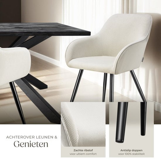tectake® Eetkamerstoelen Marilyn - Gestoffeerde Stoelen met Koordlook/ribstof - Zwarte Stoelpoten - Ergonomische Keukenstoel - Stoel voor Eetkamer, Woonkamer, Slaapkamer - Creme