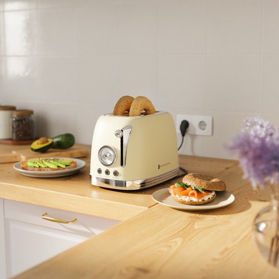 KitchenBrothers Retro Broodrooster - Toaster - 6 Warmteniveaus - 2 Extra Brede Sleuven - 815W - Beige