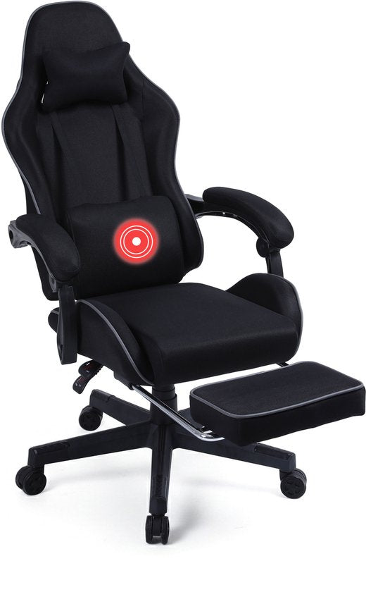 VDD Gaming - Gamestoel met massagefunctie en voetsteun - Gaming chair in de kleur Zwart - Game stoel met nekkussen & verstelbaar rugkussen - Ergonomische bureaustoel met padded armsteunen - Max draagvermogen 150 kg - Verstelbare ruggensteun