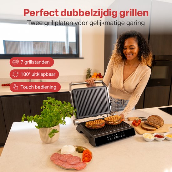 AoraKitchen Contactgrill - 180º Uitklapbaar - Grill Apparaat met Uitneembare Platen - 7 Standen - Tosti en Panini Ijzer - 2000W