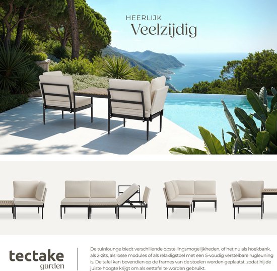 tectake® - Loungeset Magaluf - 5-in-1 tuinset met aluminiumframe - 2 tuin fauteuils en 1 salontafel - Op te stellen als ligstoel, hoekbank of 2-zits tuinbank - Inclusief kussens - Balkonset 2 personen