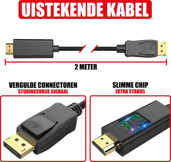 DisplayPort naar HDMI Kabel - Ondersteund 1080P - Male DisplayPort en Male HDMI Plug - 2 Meter - 4K@60Hz - Full HD