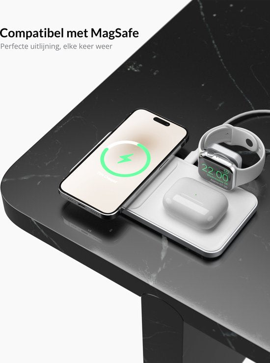 Favolt Site:3 Magsafe 3 in 1 Draadloze Oplader (MFi/QI) Magnetisch Laadstation voor iPhone Apple Watch AirPods Silver